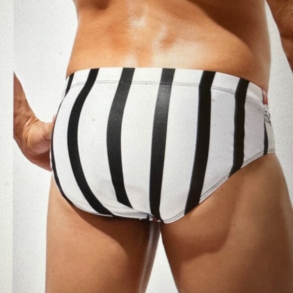 Brand New Men Striped Print Swim Brief Light Blue & White XL - Picture 5 of 5